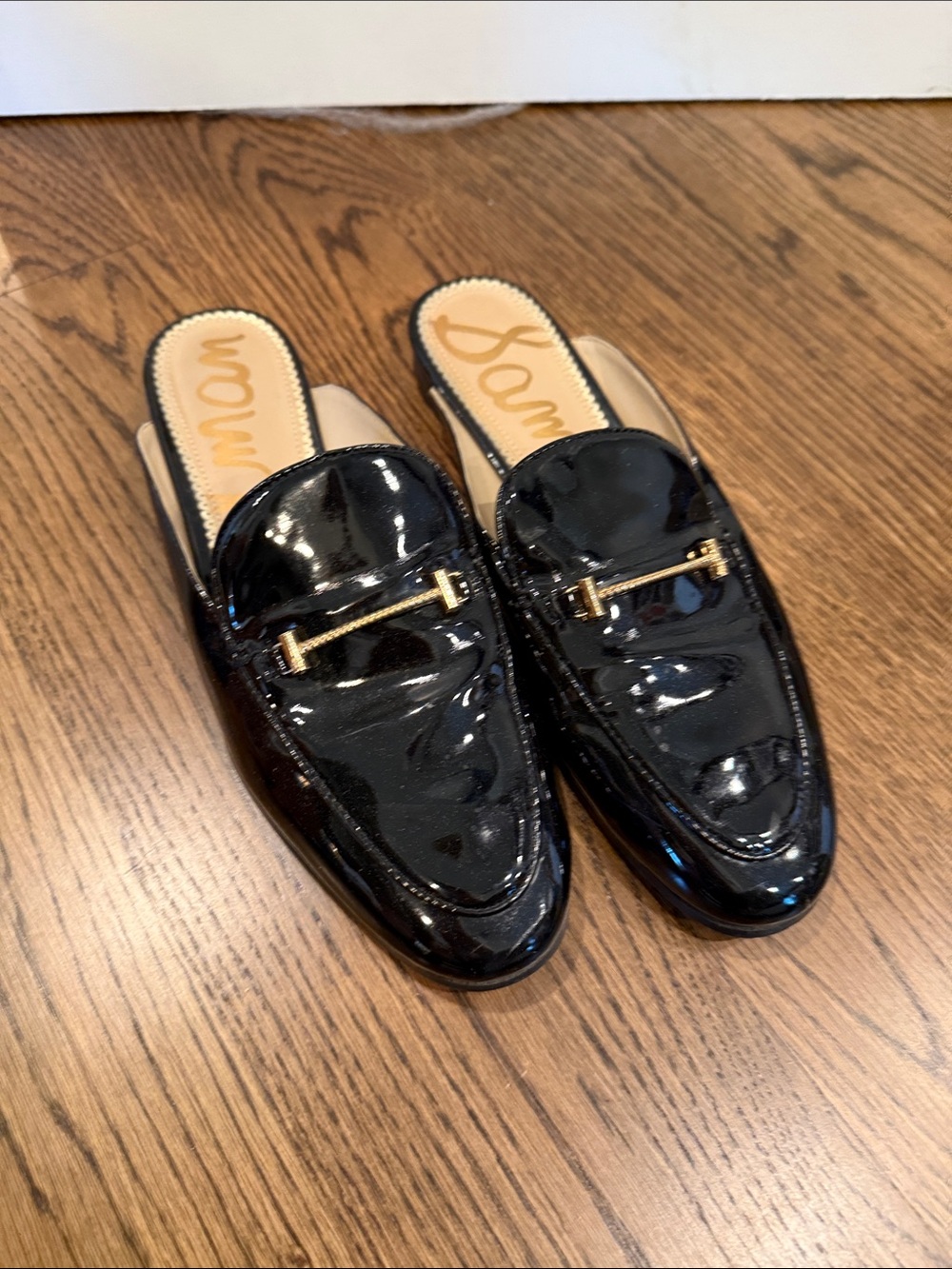Sam Edelman Black Patent Leather Backless Loafer Mules with Gold Hardware